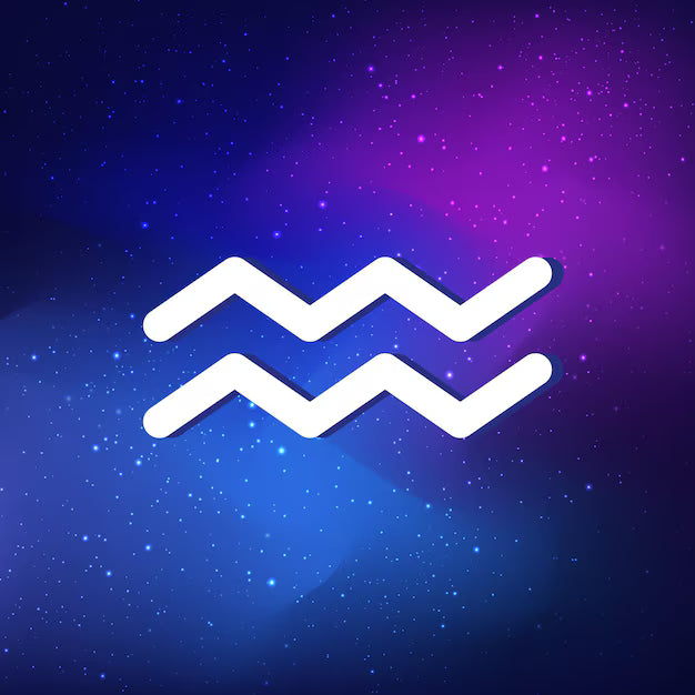 Aquarius zodiac sign symbol on an abstract blue cosmic night sky space background for astrology and horoscope