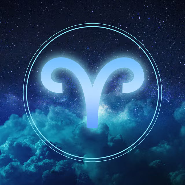Aries zodiac ram symbol displayed on a vibrant multicolored gradient background for astrology design