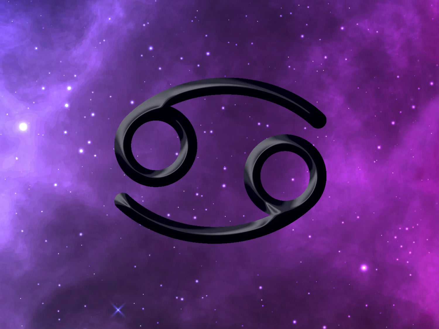 Cancer zodiac sign symbol in 3D black on a vibrant purple cosmic nebula starry night sky for astrology design