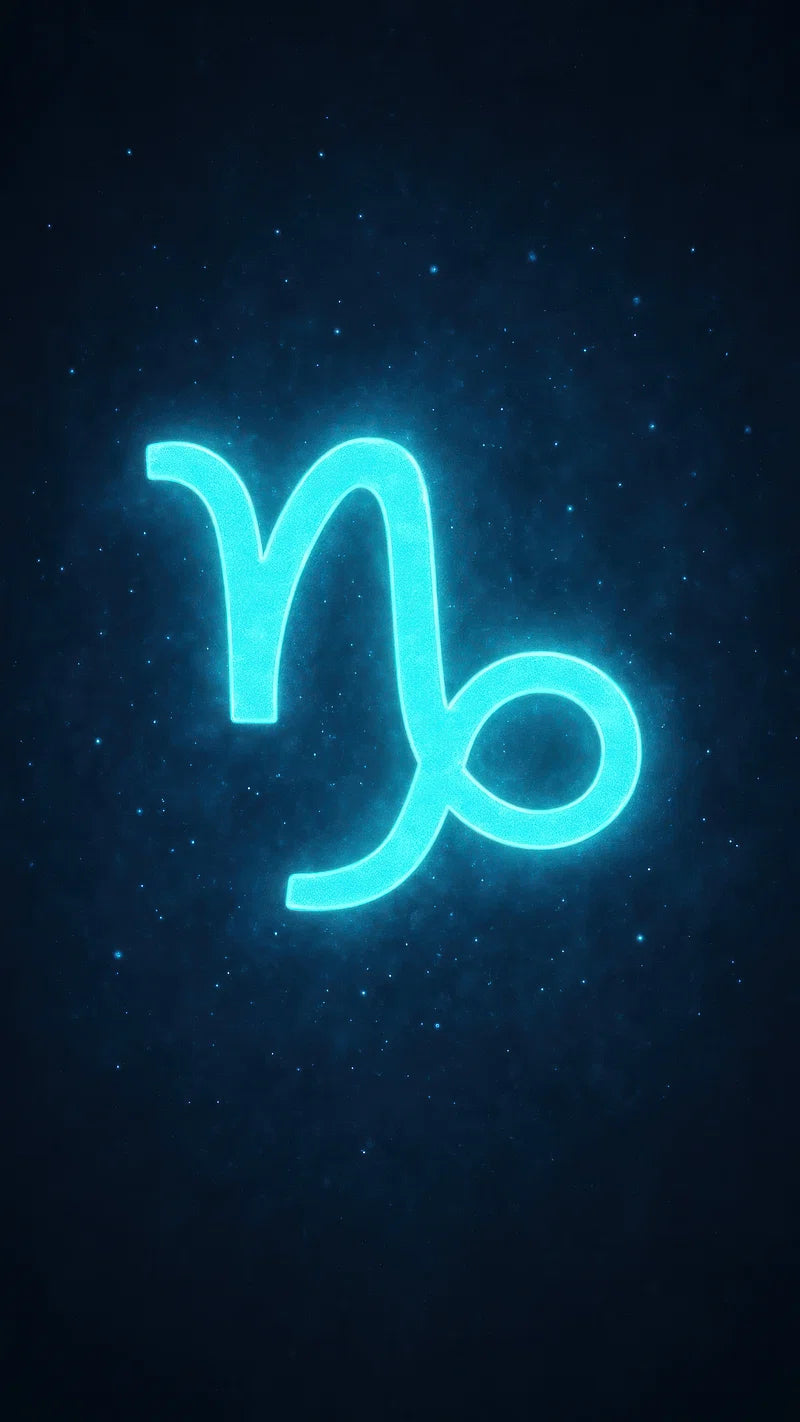 Capricorn zodiac sign symbol in glowing cyan neon light on a deep dark blue starry night sky for astrology
