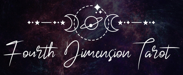 Fourth Dimension Tarot logo with triple moon goddess symbol and celestial planet design on dark galaxy background