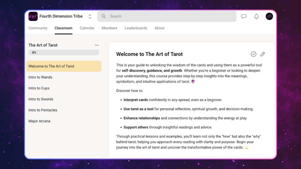 Fourth Dimension Tribe online classroom for The Art of Tarot course, with a sidebar showing lessons on Wands, Cups, Swords, Pentacles, and Major Arcana, and a welcome page describing how to interpret cards, use tarot for self-discovery, and support others through readings