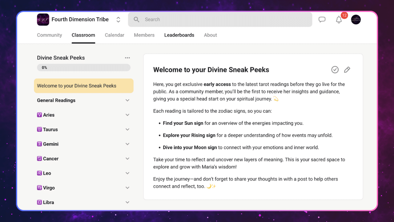 Fourth Dimension Tribe online community classroom page showing the Divine Sneak Peeks welcome screen, with zodiac sign sections for Aries through Libra in the sidebar and a description of exclusive early access tarot readings organized by Sun, Rising, and Moon signs
