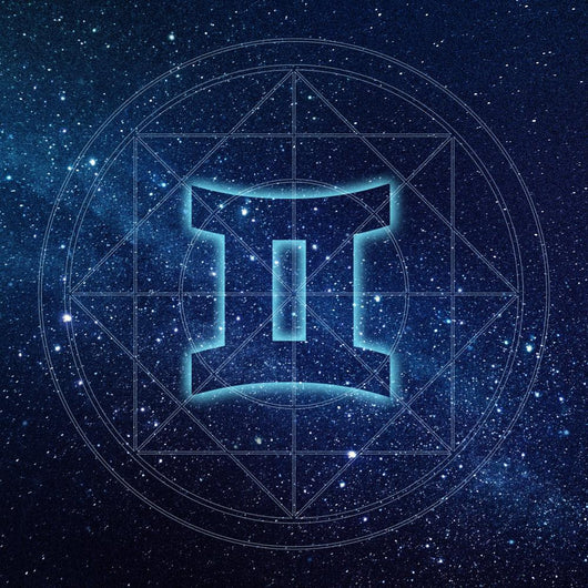 Gemini zodiac sign symbol with sacred geometry on a deep blue starry night sky background for astrology design