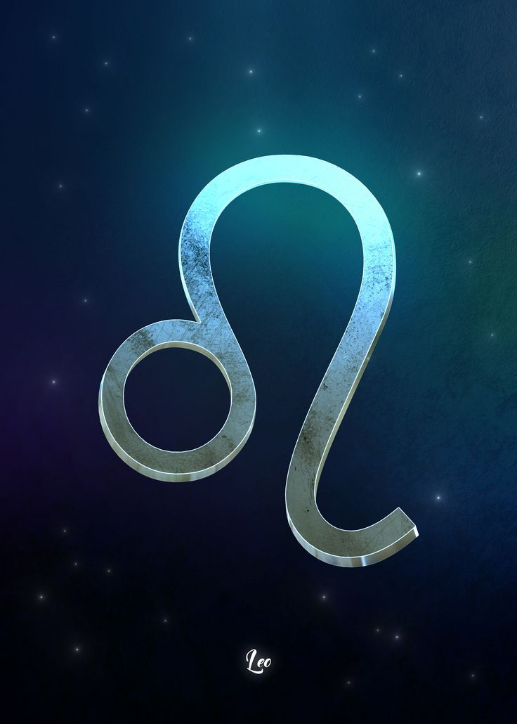 Leo zodiac sign symbol in glowing silver 3D on a deep teal blue starry night sky background for astrology