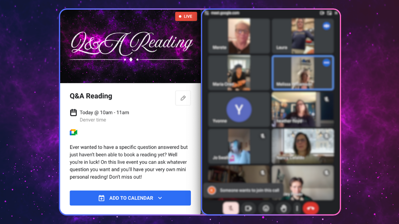Promotional graphic for a live Q&A Reading event scheduled 10am–11am Denver time, showing an event registration card with an Add to Calendar button alongside a Google Meet video call with multiple participants attending the online reading session