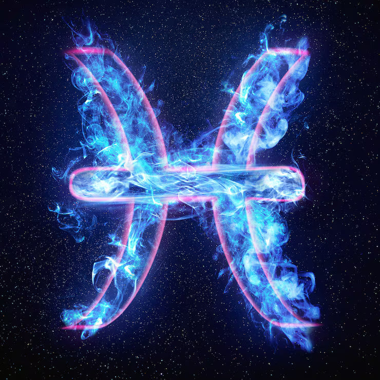 Pisces zodiac sign symbol with glowing blue flame and stars on a dark night sky background for astrology