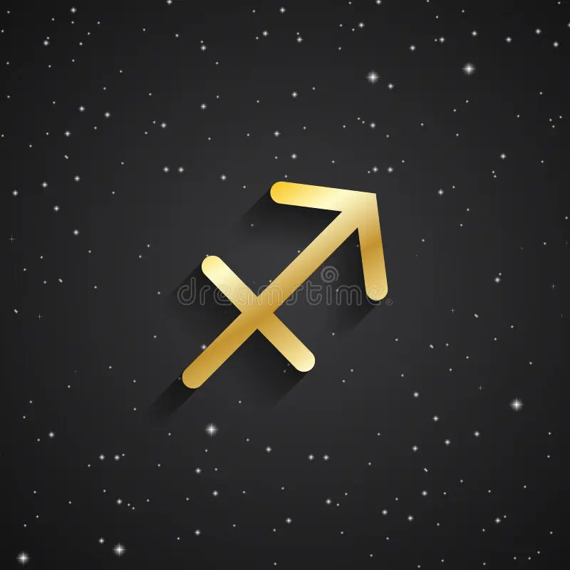 Sagittarius zodiac sign symbol in shiny gold icon with shadow on a dark black starry night sky background