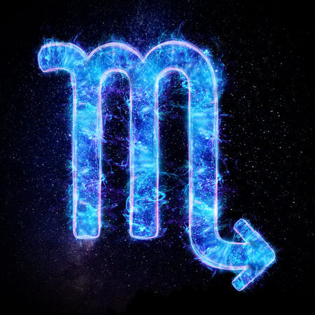 Scorpio zodiac sign symbol in glowing blue neon hologram with electric energy on a dark starry night sky