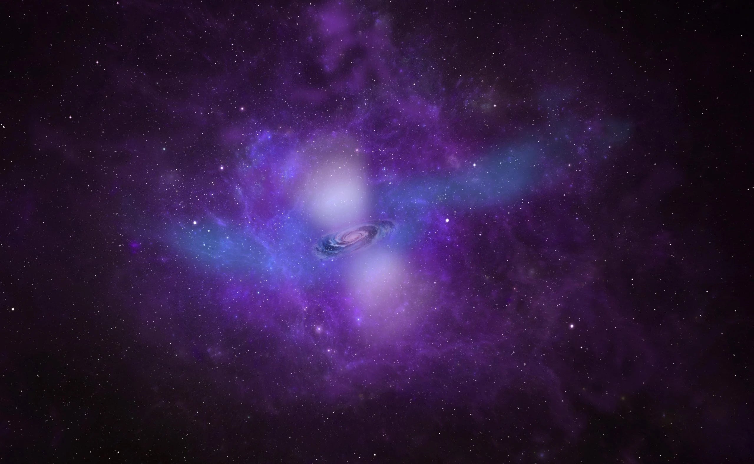 Scientific illustration of a starburst galaxy surrounded by a vivid purple and blue gas shroud, with a spiral galaxy visible at the center flanked by two glowing white light sources against a star-filled black background