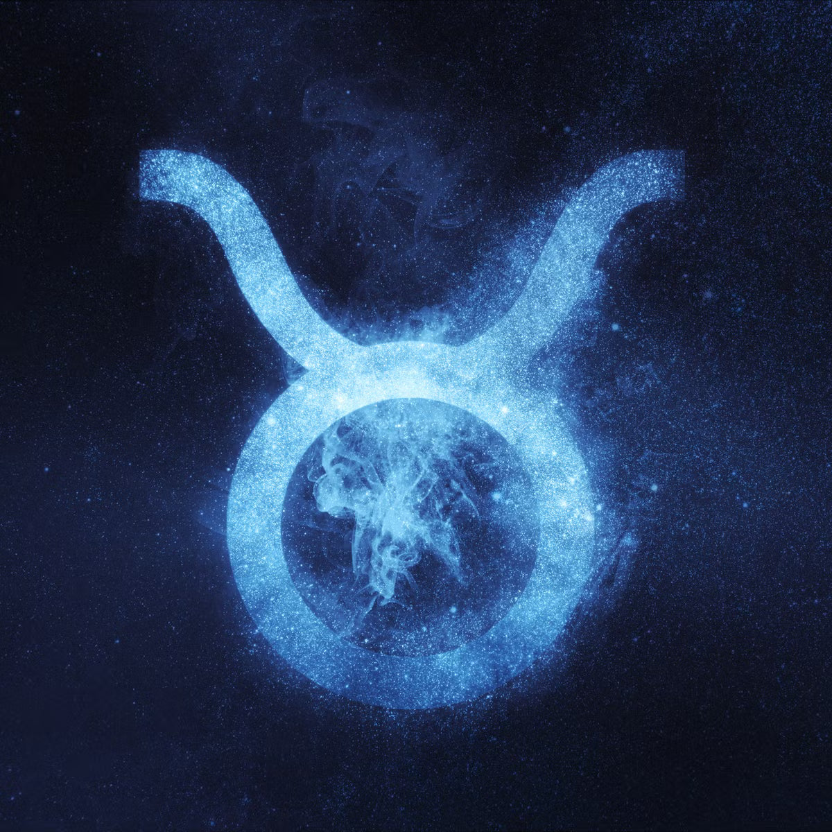 Taurus zodiac sign symbol on an abstract night sky background with stars for astrology and horoscope design