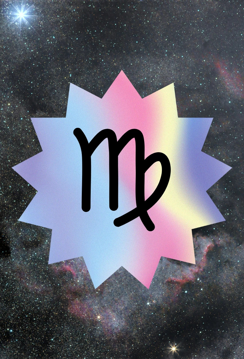 Virgo zodiac sign symbol in black on a pastel pink blue yellow gradient star badge over a dark cosmic galaxy